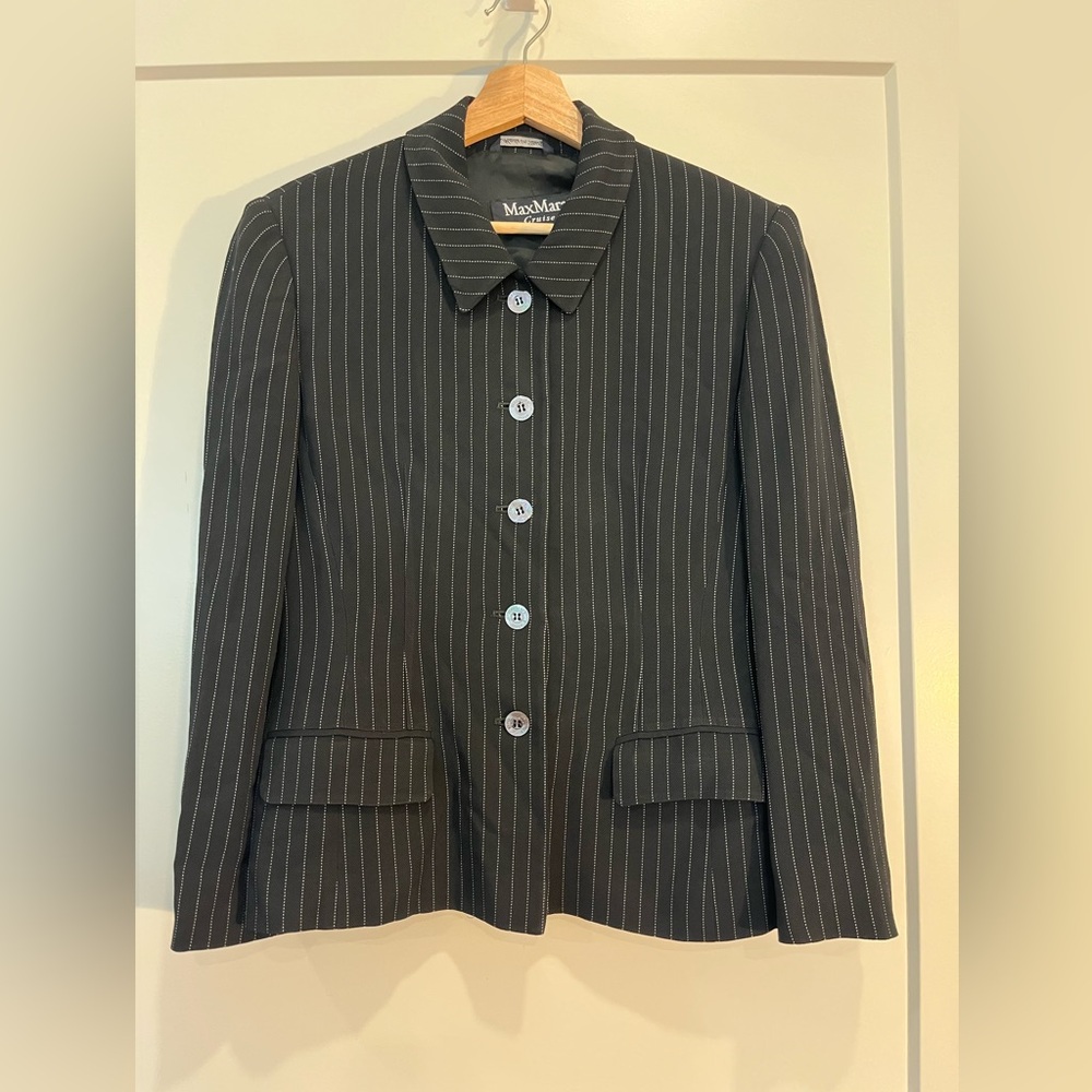 Max Mara Cruise stripped black 5 buttons blazer academia chic career sz 12